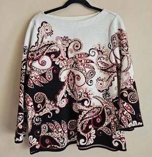 Ladies CHICO's Brown Black Rust Paisley Sweater Size 2 -Large